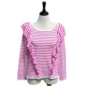 Lilly Pulitzer Ruth Pink Tango Beach Stripe Long Sleeve Ruffle Fitted Top Large